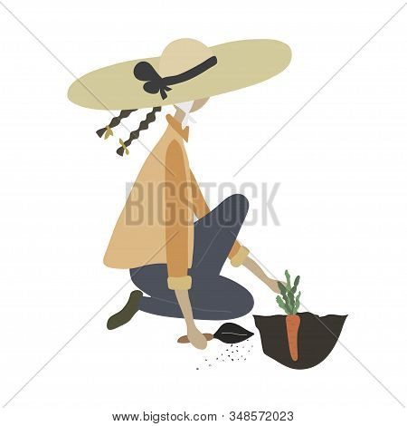 Cute Modern Girl In Straw Hat Summer Or Autmn Gardening. Woman With Tool Working In Garden, Growing 