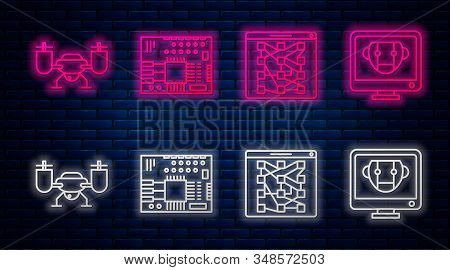 Set Line Printed Circuit Board Pcb, Global Technology Or Social Network, Drone Flying With Action Ca