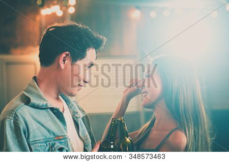 Couples Dancing, Young Asian People Sweetheart Philander Dancing And Drinking In Evening Party Insid