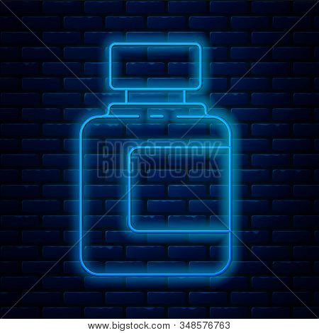 Glowing Neon Line Sauce Bottle Icon Isolated On Brick Wall Background. Ketchup, Mustard And Mayonnai