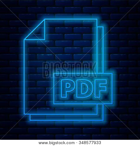 Glowing Neon Line Pdf File Document. Download Pdf Button Icon Isolated On Brick Wall Background. Pdf