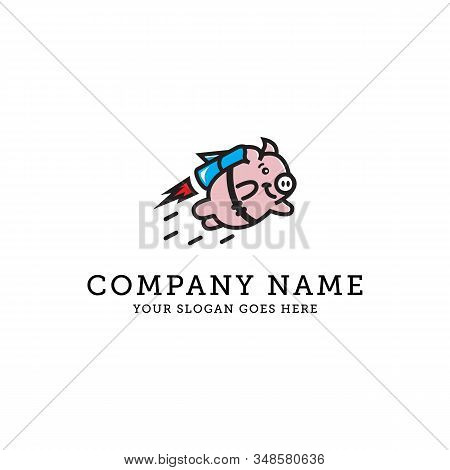Pig Flying With Rocket Logo Design, Cute Pig Cartoon Animal Pet Care Vector Illustration