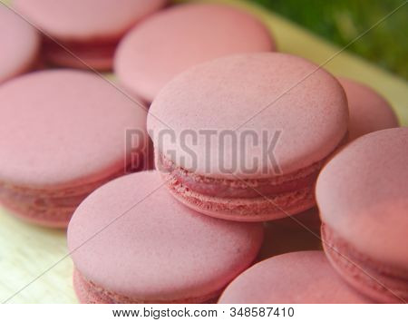 French Strawberry Macaroons, Sweet Pink Almond Macarons Or French Sweet Cookie.