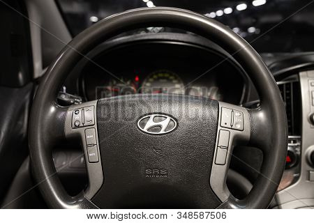 Novosibirsk, Russia - December 18, 2019:  Hyundai Grand Starex - Dashboard, Player, Steering Wheel W