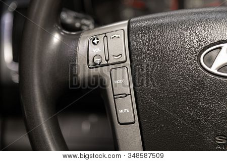 Novosibirsk, Russia - December 18, 2019:  Hyundai Grand Starex, New Black Steering Wheel With Multif