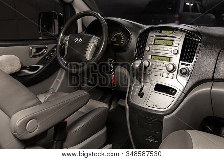 Novosibirsk, Russia - December 18, 2019:  Hyundai Grand Starex, Car Interior - Steering Wheel, Shift