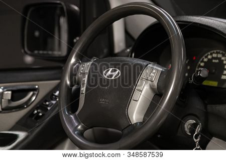 Novosibirsk, Russia - December 18, 2019:  Hyundai Grand Starex - Dashboard, Player, Steering Wheel W
