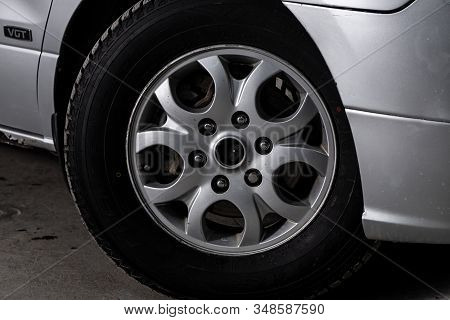 Novosibirsk, Russia - December 18, 2019:  Hyundai Grand Starex, Close-up Car Wheel With Aluminum All