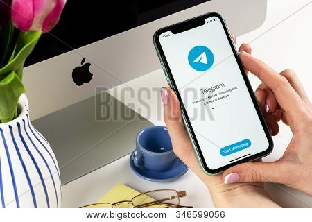 Helsinki, Finland, January 30, 2020: Telegram Application Icon On Apple Iphone 11 Screen Close-up In