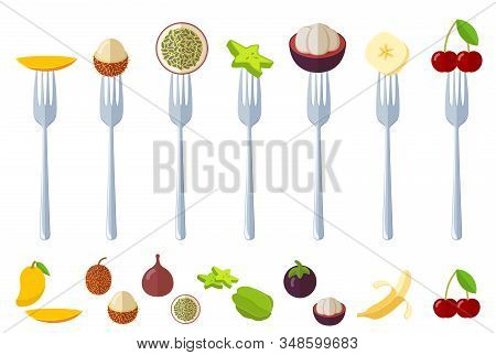 Flat Design Vector Illustration Of Fresh Juisy Raw Fruits On The Forks, And Fruit Slices. Vegetarian