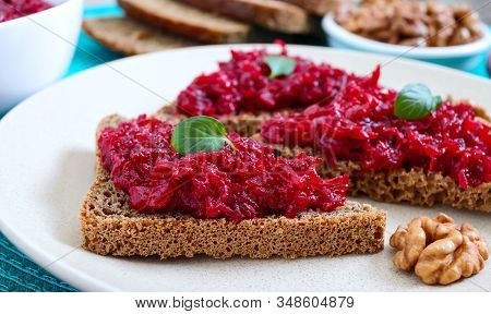 Beetroot Caviar. Simple, Tasty And Healthy Vegetable Snack. Sliced Rye Bread With Beetroot Caviar. L