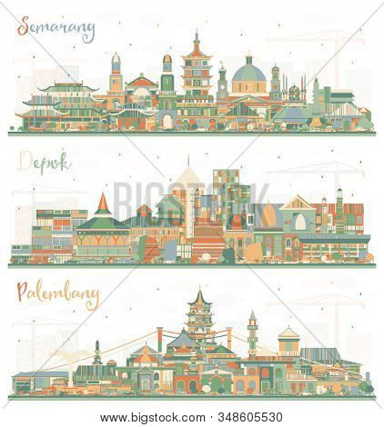 Semarang, Palembang and Depok Indonesia City Skylines with Color Buildings. Business Travel and Tourism Concept with Modern Architecture. Cityscapes with Landmarks.