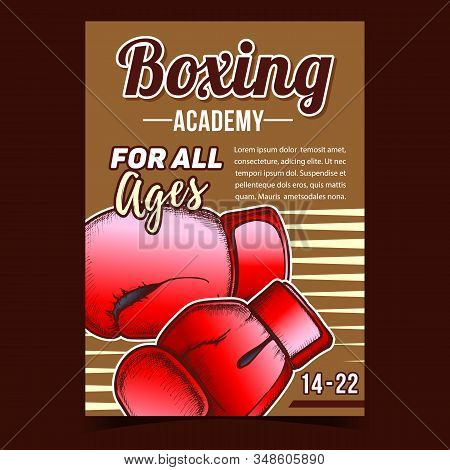 Boxing Academy Creative Advertising Poster Vector. Boxing Protect Sport Wear Box Gloves For Knock Do
