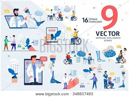 Robotic Prosthesis With Artificial Intelligence Trendy Flat Vector Scenes Set. Disabled Or Handicapp