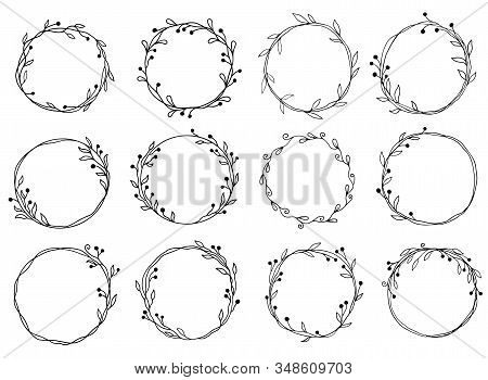 Hand Drawn Set Of Cicle Floral Frame. Border For Banner, Wedding, Greeting Card Design. Sketch Style