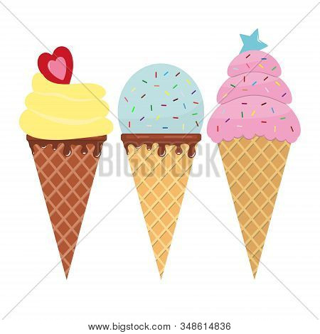 Set Of Colorful Tasty Isolated Ice Cream Cones. Cute Cartoons Isolated On White Background. Cold Des
