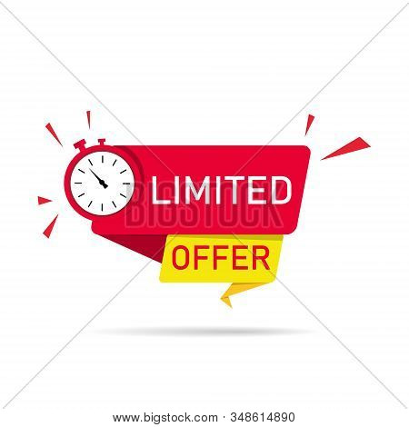 Red And Yellow Banners Of Limited Offer With Alarm Clock Isolated On White Background. Countdown For