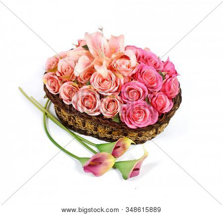 Roses and Calla lilies. Pink rose. Holiday flower. Wedding decoration