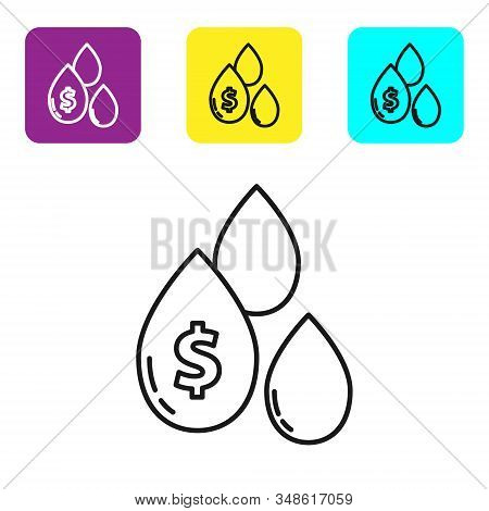Black Line Oil Drop With Dollar Symbol Icon Isolated On White Background. Set Icons Colorful Square 
