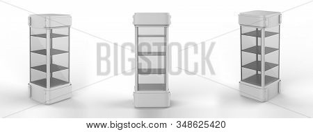 Transparent Display Case Glass Showcase Mobile Phone Display Counter. 3d Illustration