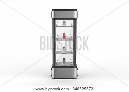 Transparent Display Case Glass Showcase Mobile Phone Display Counter. 3d Illustration