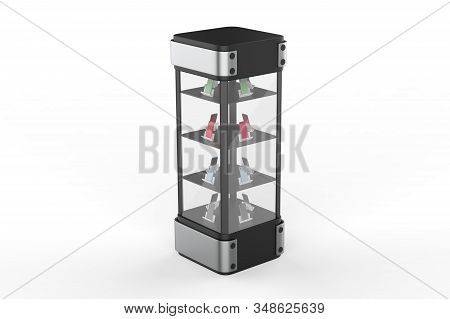 Transparent Display Case Glass Showcase Mobile Phone Display Counter. 3d Illustration