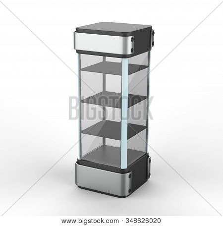 Transparent Display Case Glass Showcase Mobile Phone Display Counter. 3d Illustration