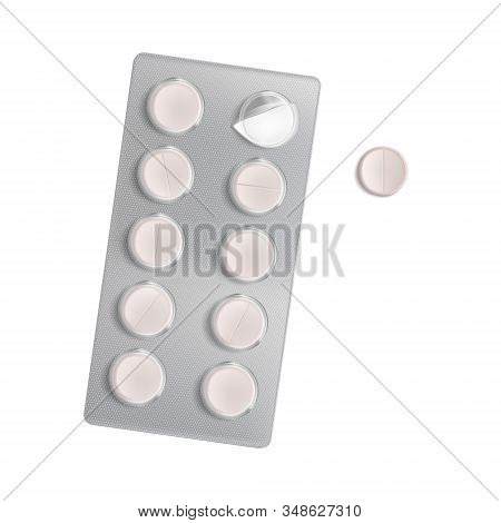 Pill Blister Pack Isolated On White Background. Vector Realistic Mockup Of Foil Packaging With Round
