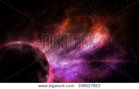 Abstract Space Illustration, Moon Planet And Blue Light From Stars