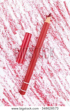Lip Pencil With A Sample On A White Background. Lip Liner Product, Face Makeup Tool, Texture Strokes