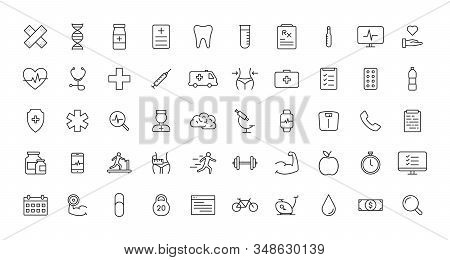 Set Of Medical And Health Web Icons In Line Style. Medicine And Health Care, Rx, Infographic. Vector