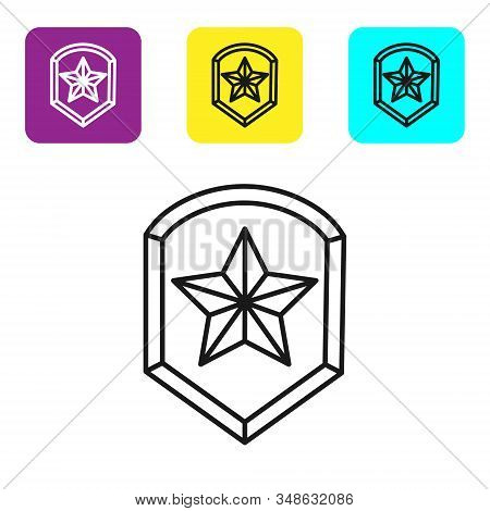 Black Line Police Badge Icon Isolated On White Background. Sheriff Badge Sign. Shield With Star Symb