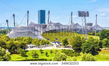 Munich, Germany - Aug 2, 2019: Olympic Park In Summer, Munich, Germany. Scenic Panoramic View Of Nic