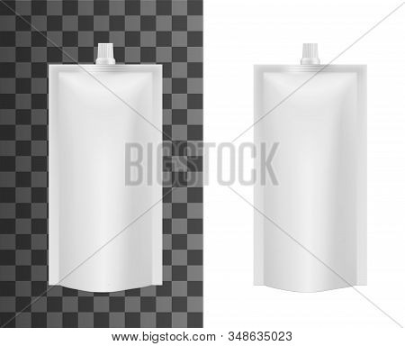 Foil Sachet Bag, Liquid Soap Or Food Sauce Package Mockup Template. Vector Isolated 3d White Doypack