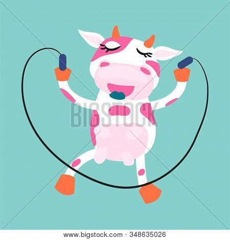 Cute Cow Rope Jumping Vector Cartoon Illustration. Mammal Bull Animal For Teenager Products.