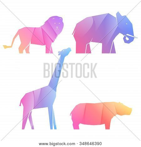 Set Of Multi-colored Gradient African Animals In Different Poses, Lion And Hippo, Elephant And Giraf