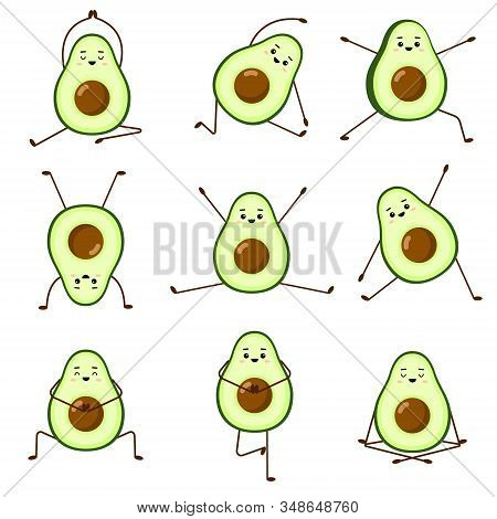 Avocado Yoga. Set Of Avocado Character Design On White Background. Yoga For Pregnant Women. Morning 