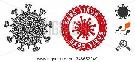 Mosaic Sars Virus Icon And Red Round Distressed Stamp Seal With Sars Virus Text And Coronavirus Symb