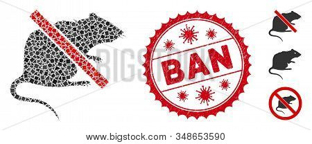 Collage No Rat Icon And Red Round Grunge Stamp Seal With Ban Phrase And Coronavirus Symbol. Mosaic V