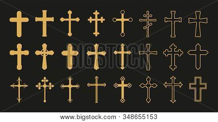 Christian Cross. Gold Crosses, Simple Decorative Crucifix. Catholicism Church Religion Vector Symbol