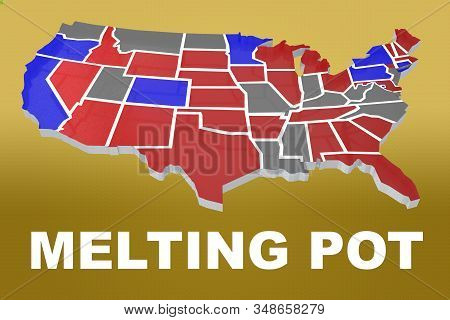 3d Illustration Of Melting Pot Script Under An Embossment Of The United States Of America