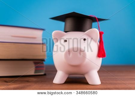 Piggy Bank With A Graduation Hat And A Lot Of Books On A Light Blue Backround. Student Scolarship Sa