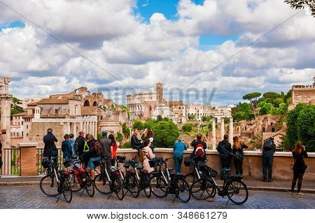 Rome, Italy - May 19: Cyclotourism In Rome. Tourists Visit The City Beautiful  Historic Center With 