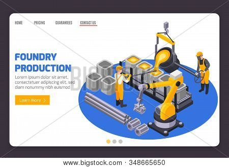 Metal Industry Plant Banner With Two Workers Casting Iron 3d Isometric Vector Illustration