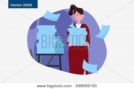 Tired Woman Carrying Stacks Of Papers. Office Employee, Accountant, Reports Flat Vector Illustration