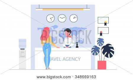 Design Studio Reception Concept. Woker Standing At The Counter