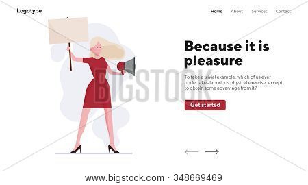 Woman Standing With Placard And Megaphone Outdoors. Activist, Protester, Picket Flat Vector Illustra