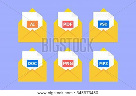 A Set Of Six Messages With Different Files. Blue Background. Files Of Different Colors.