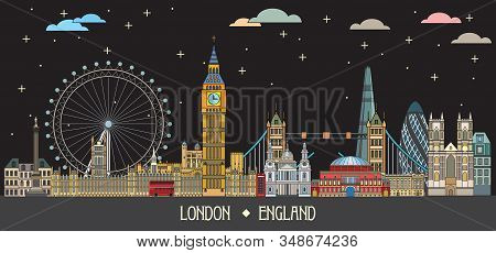 Colorful Vector Line Art Illustration Of London Landmarks In Nightime. London Skyline Vector Illustr