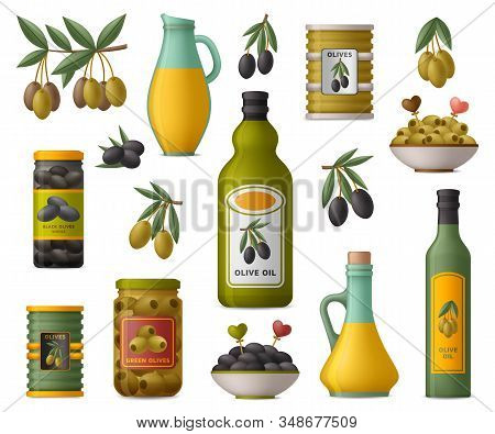 Set Of Olive Products. Whole Fruits And Without Stones In Tins, Oil In Bottles And Glass Jugs, Branc